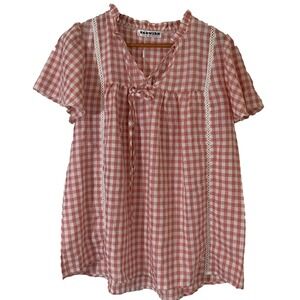 Ecowish Womens Gingham Lace Insert Top Size M Cottagecore‎ Western Festival